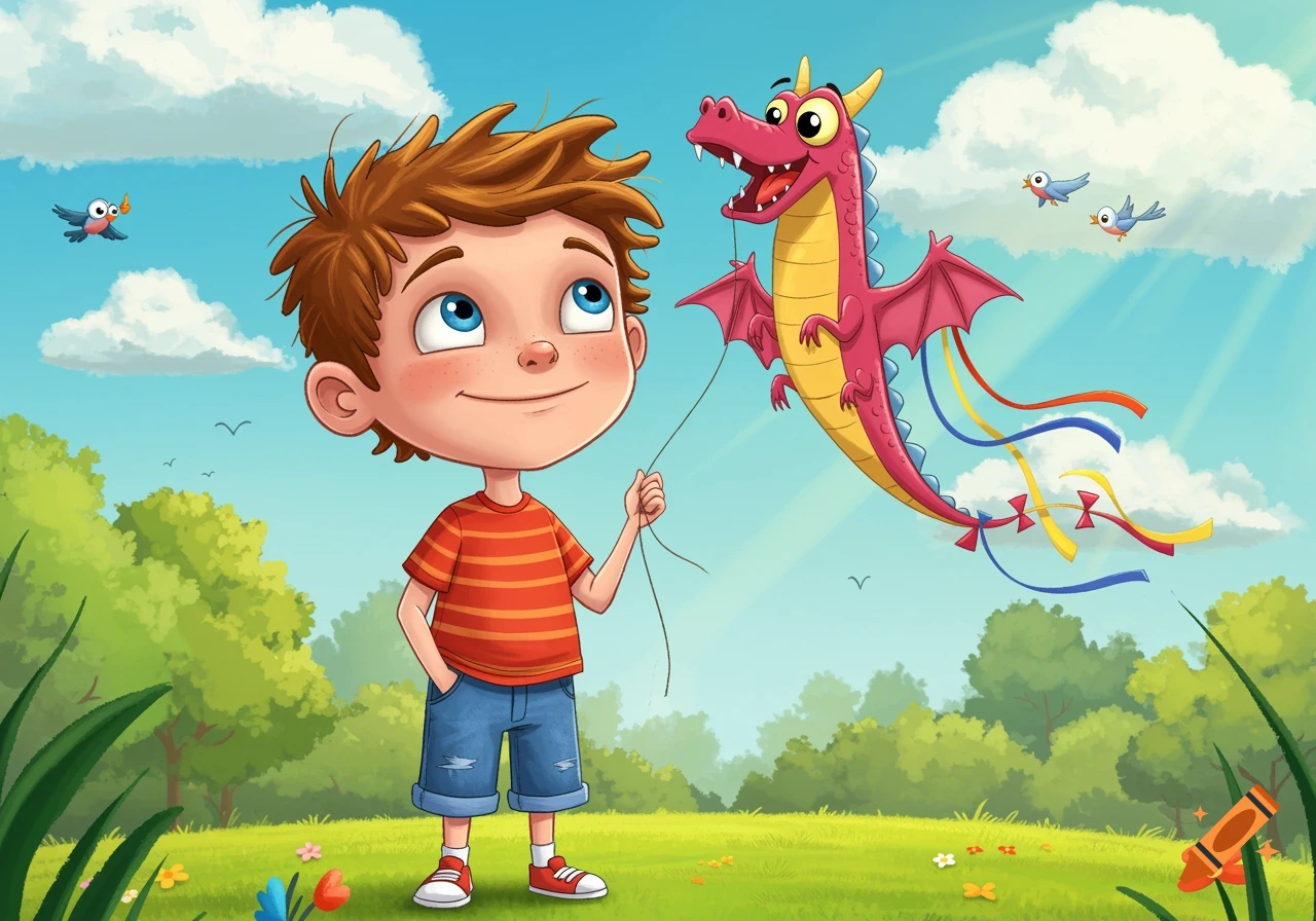 A happy cartoon boy flies a red dragon kite with colorful ribbons in a sunny, green park with blue birds flying.