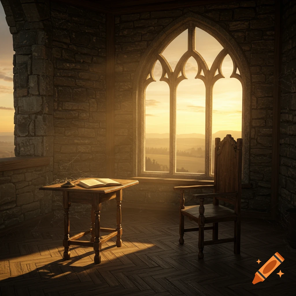 Gothic tower room with stone walls, large arched window, wooden table, open book, and chair, bathed in warm sunset light.