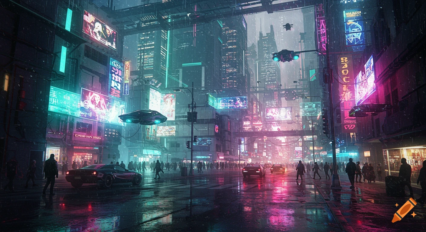 A vibrant cyberpunk city at night with neon lights reflecting on wet streets, flying vehicles, and silhouetted pedestrians.