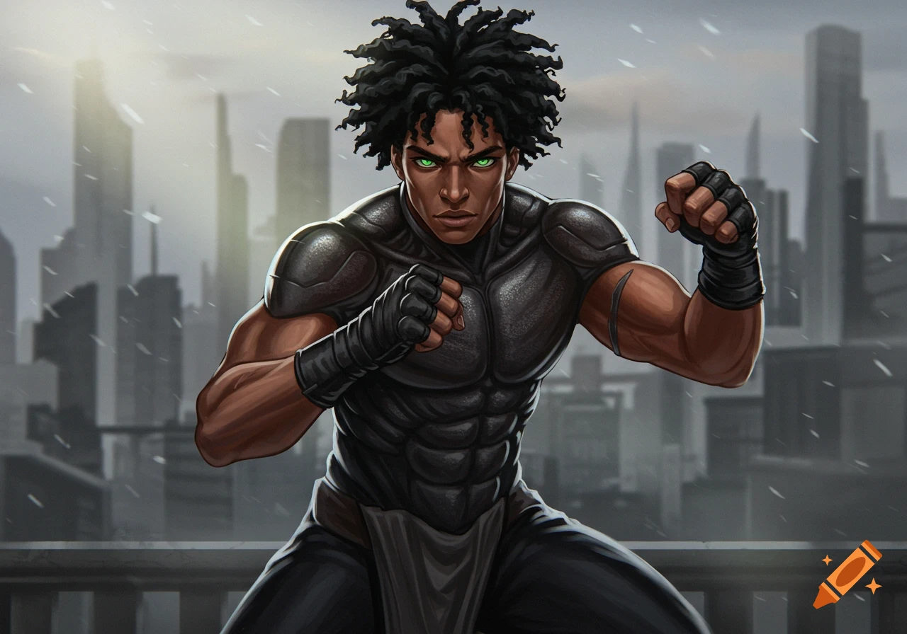 A strong man with black curly hair and glowing green eyes in a black armored fighting outfit, posed in a city with light snow, digital art.