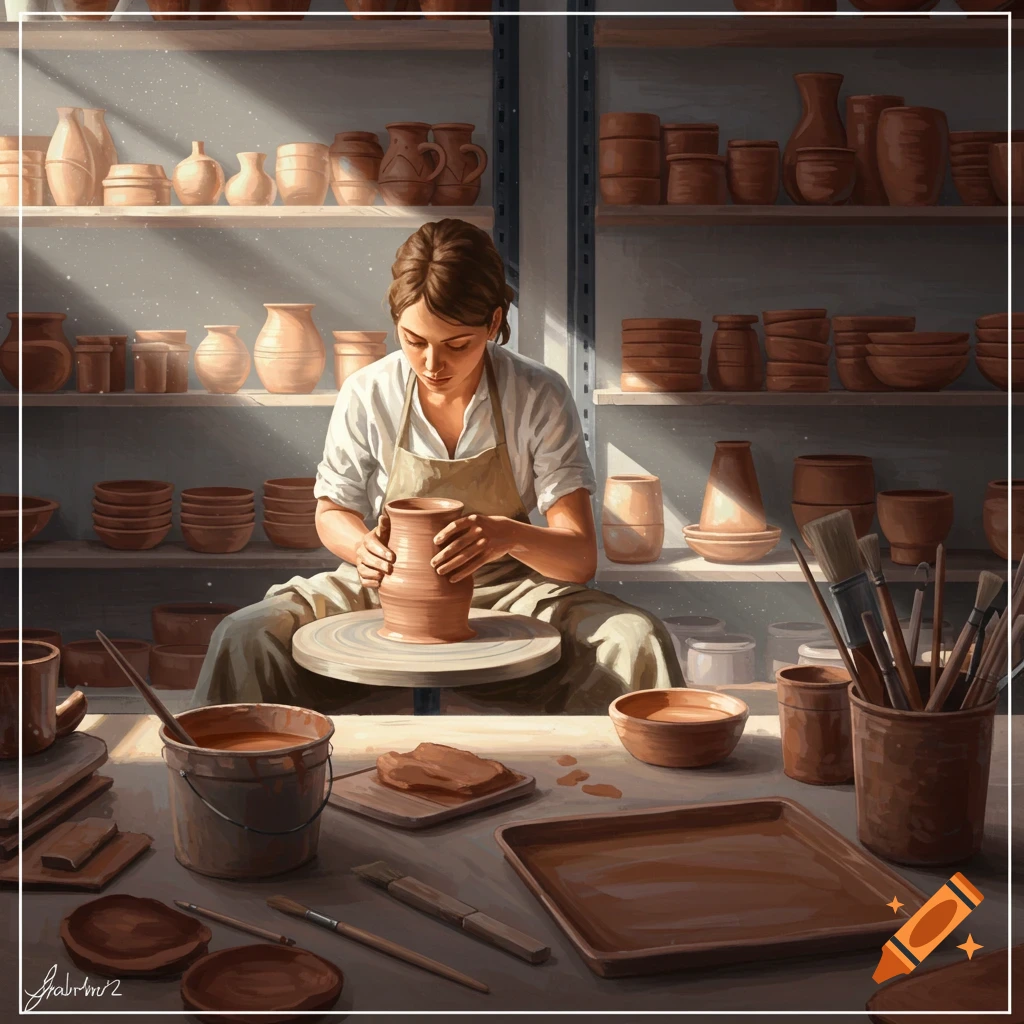 A woman sits at a pottery wheel, shaping clay in a sunlit studio filled with shelves of earthenware.