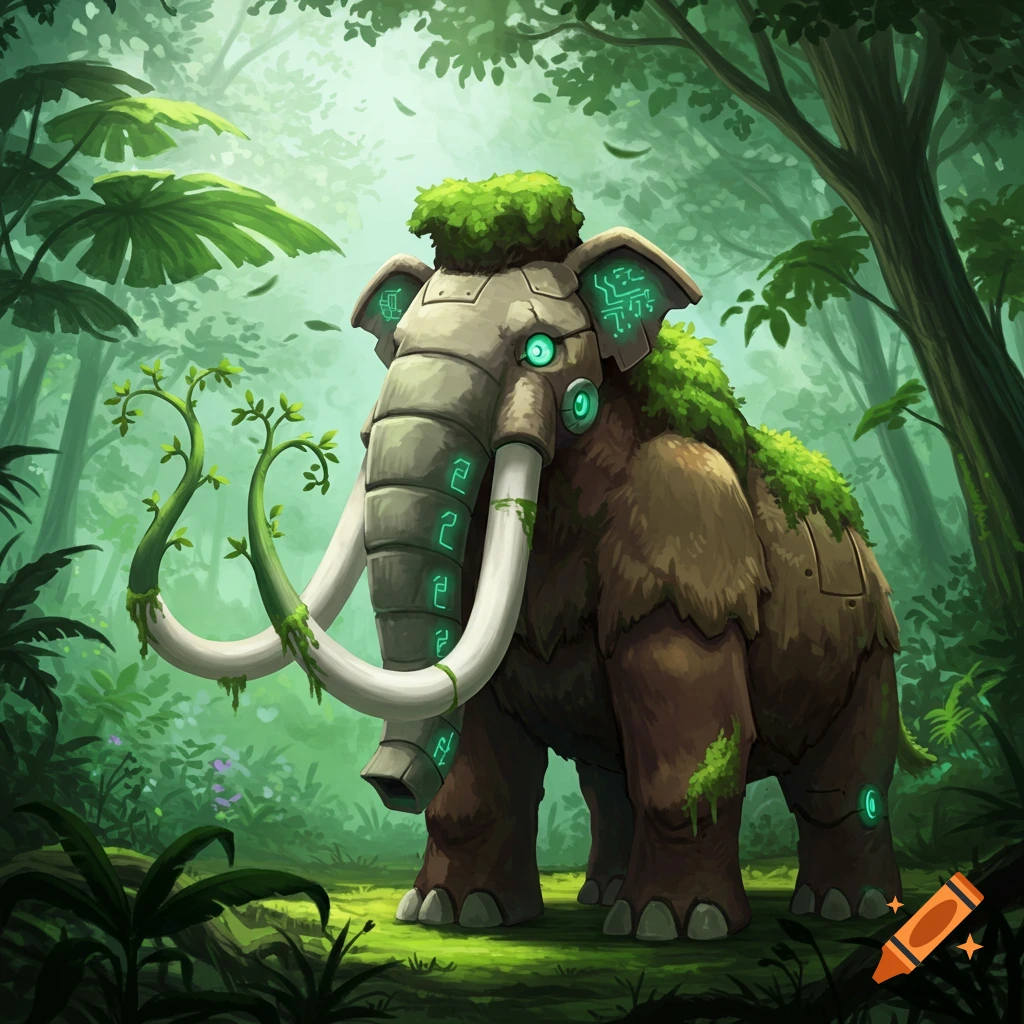 A robotic mammoth with green glowing eyes and symbols on its metal parts stands in a lush green jungle.