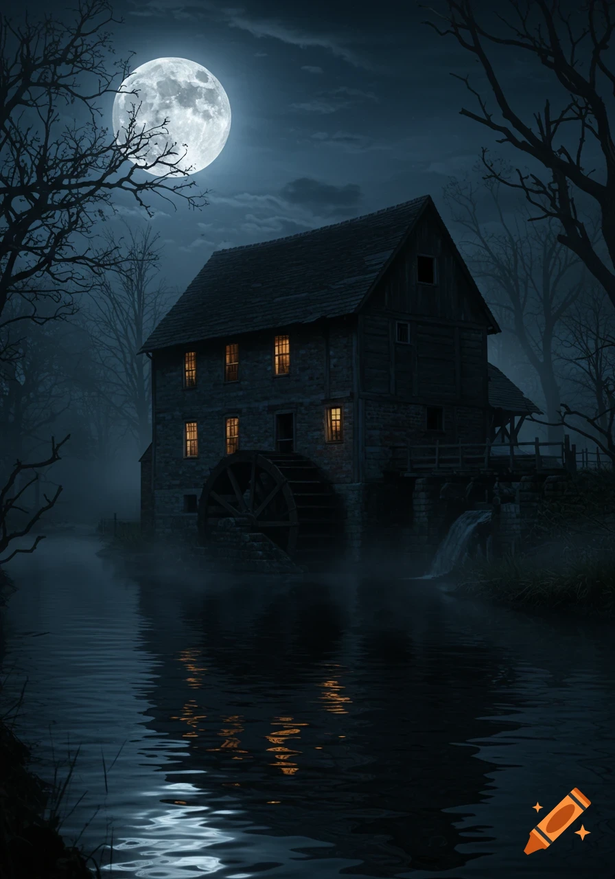 Eerie, photorealistic dark English water mill by a misty river at night under a full moon, with bare trees.