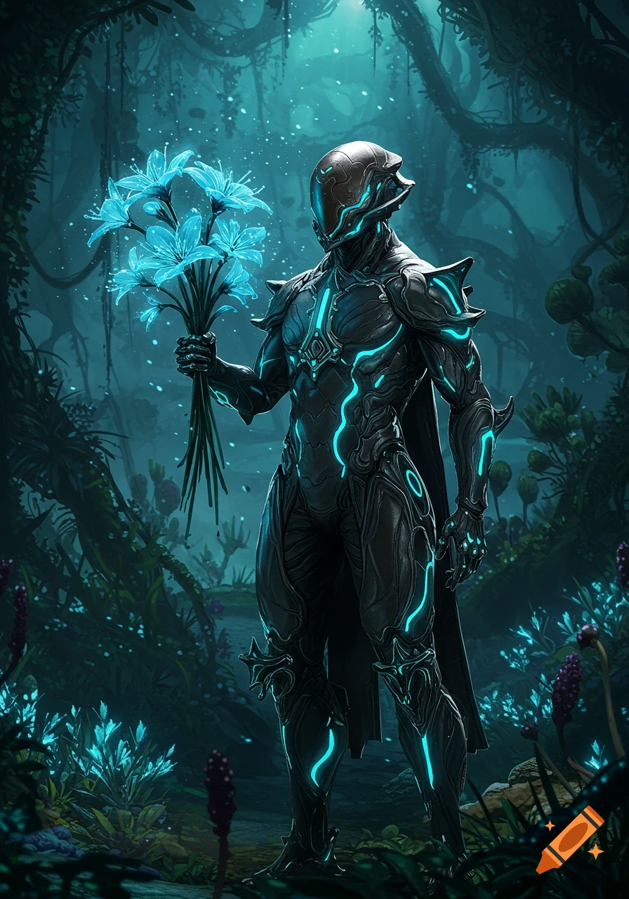 A futuristic armored figure holds glowing blue flowers in a dark, mystical jungle with vibrant blue foliage.