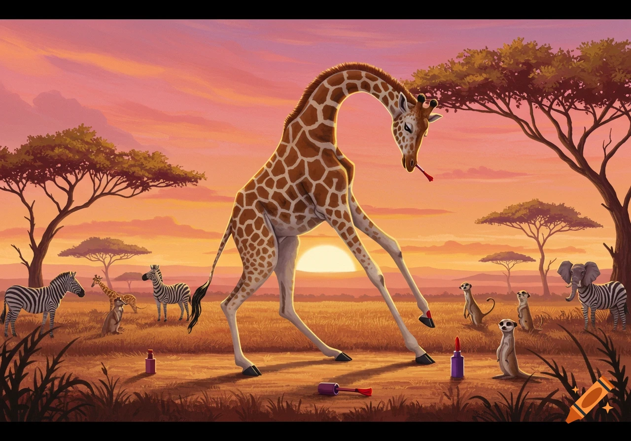 A cartoon giraffe balances while painting its hooves red with a brush held in its mouth, surrounded by other savanna animals like zebras, meerkats, and an elephant at sunset.