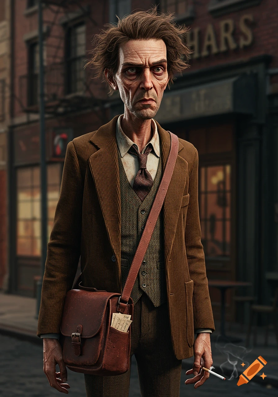 A gaunt man with disheveled hair in a brown corduroy suit, holding a lit cigarette on an urban street.