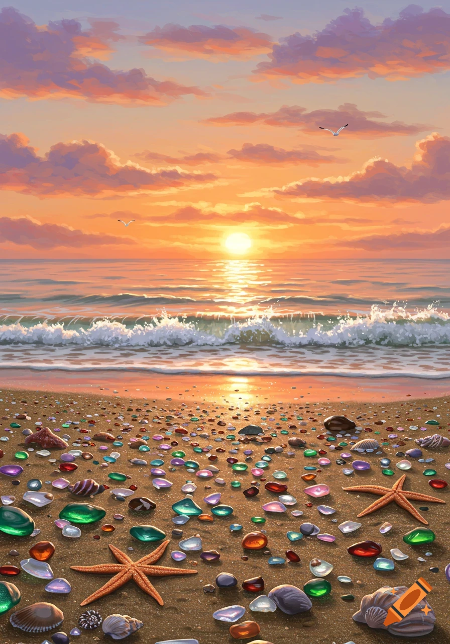 Vibrant, fantastical beach scene at sunset with colorful sea glass, shells, and starfish on the sand and sun reflecting on ocean waves.