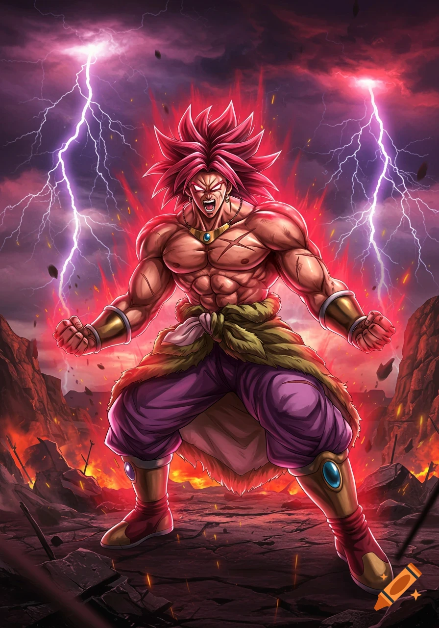 Broly, a muscular anime character with spiky red hair and a red aura, roars amid purple lightning in a destroyed landscape.