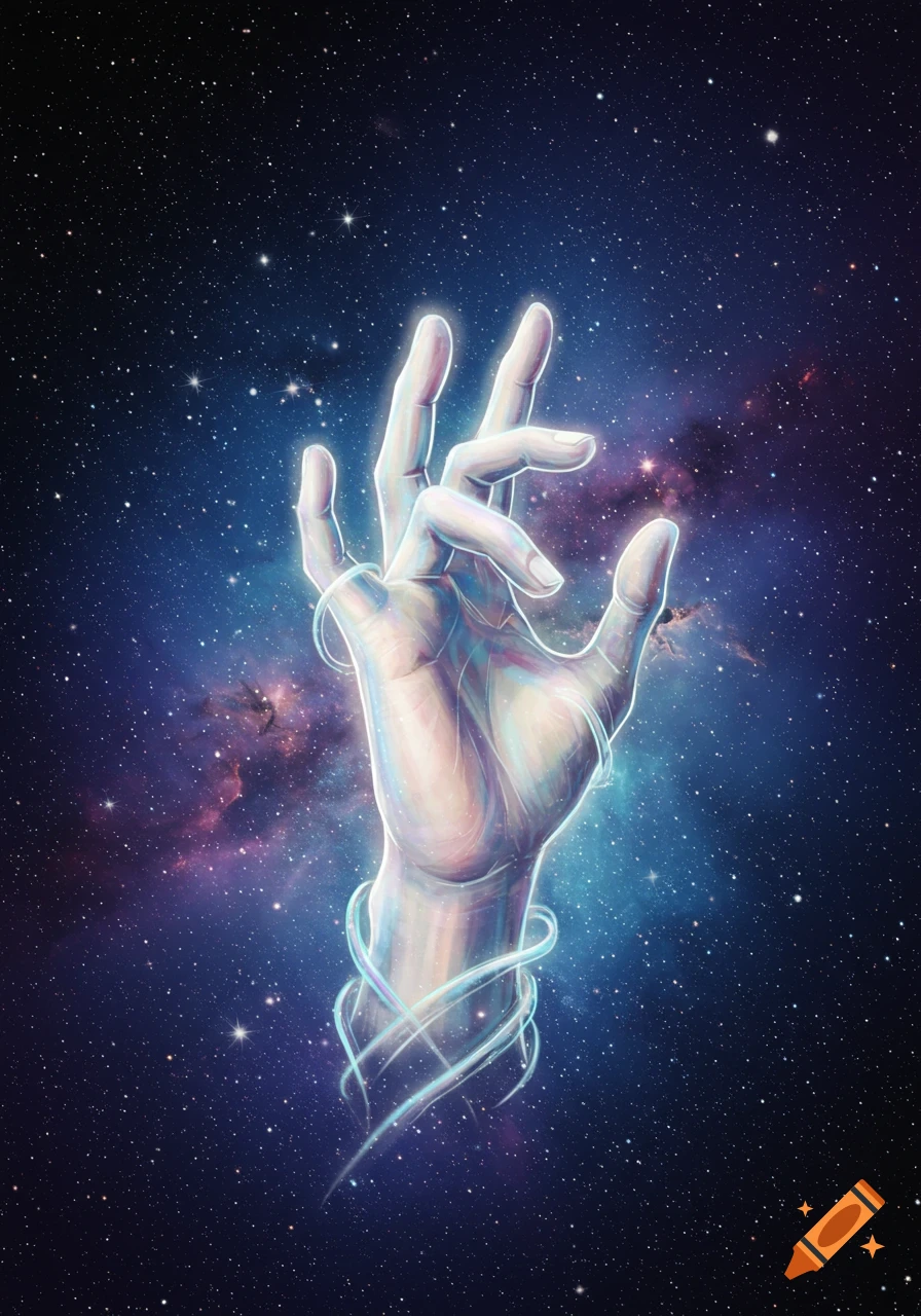 An ethereal, glowing hand with one finger curled upward against a starry, blue and purple nebula background, with light trails spiraling around the wrist.