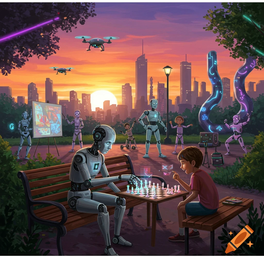 A robot and a boy play chess in a futuristic park at sunset, with drones, other robots, and a city skyline in the background. Digital art.