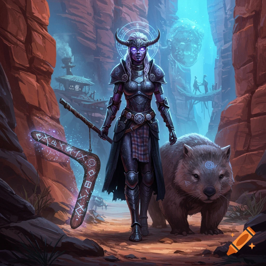 A purple-skinned, horned warrior in dark armor with glowing eyes stands with a magical boomerang and a cosmic wombat in a canyon, with a village in the background.