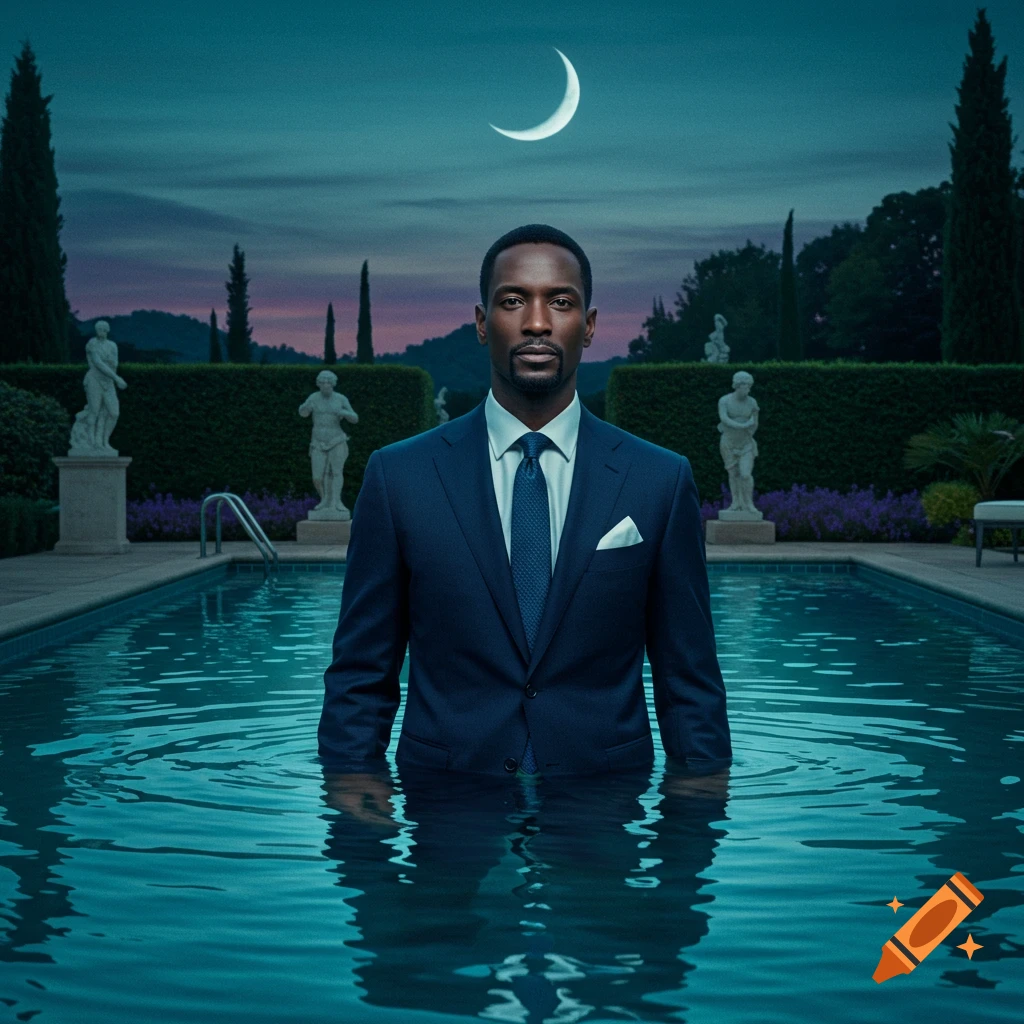 A man in a navy suit and tie stands in a swimming pool at night, under a crescent moon, in a lush garden.