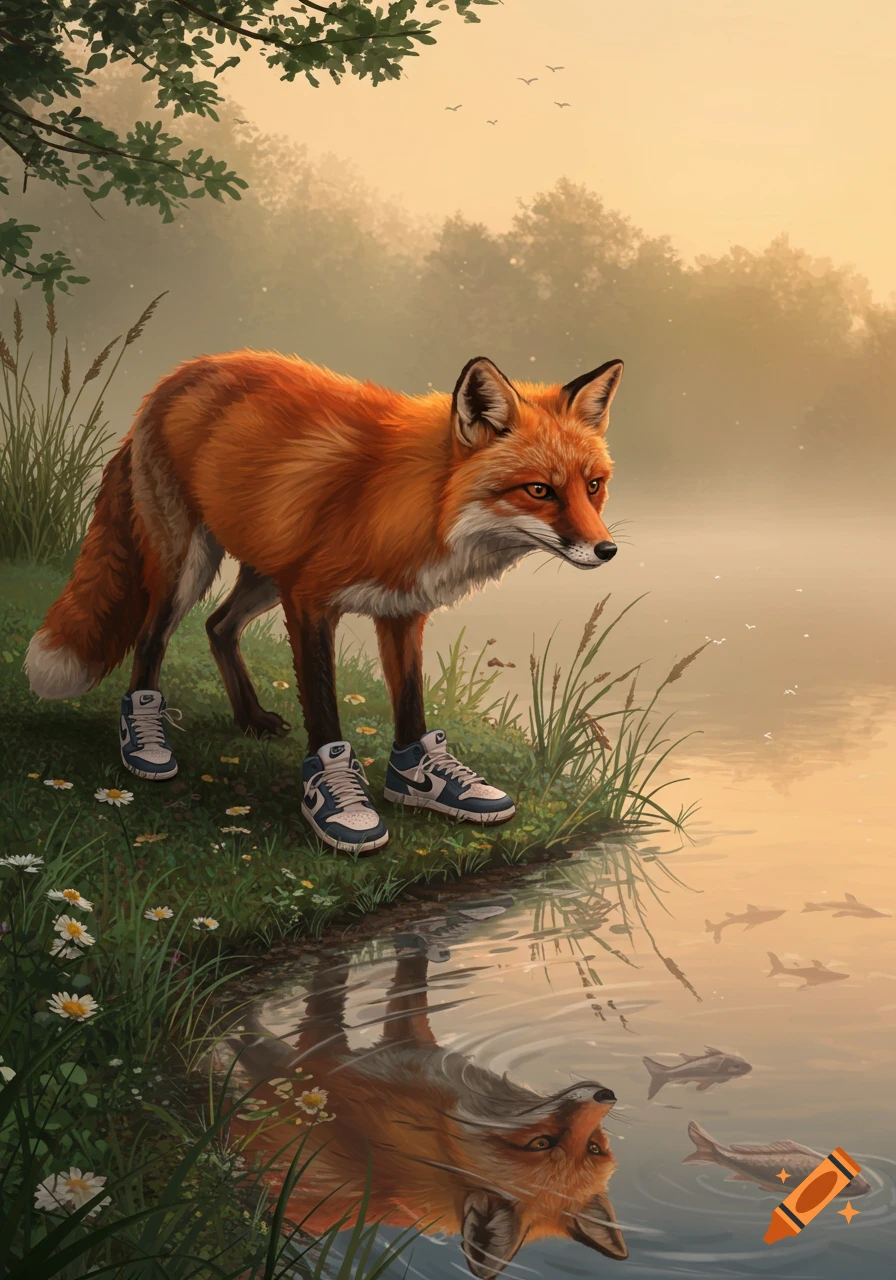 A fox wearing sneakers stands by a misty lake at sunset, looking at fish in the water, with its reflection visible.