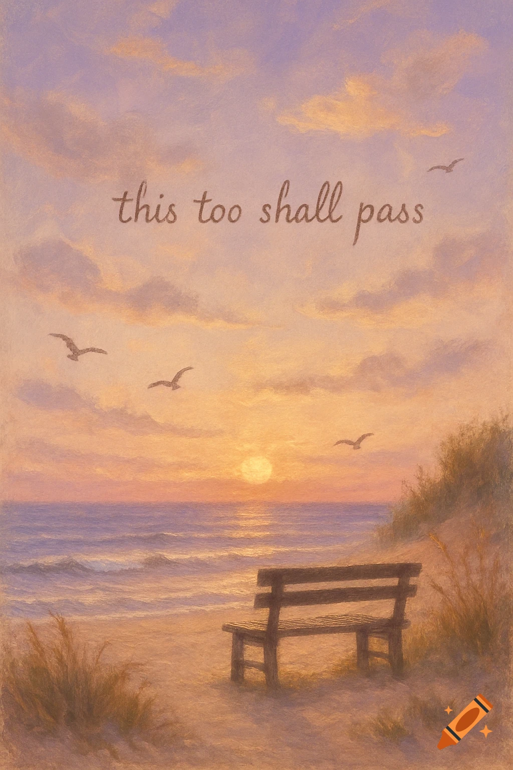 A painting of a beach at sunset with a wooden bench on the sand and the text "this too shall pass" in the sky.