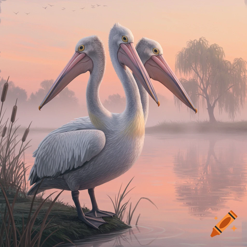 A three-headed white pelican stands by a misty lake at sunset, surrounded by reeds and a distant tree.