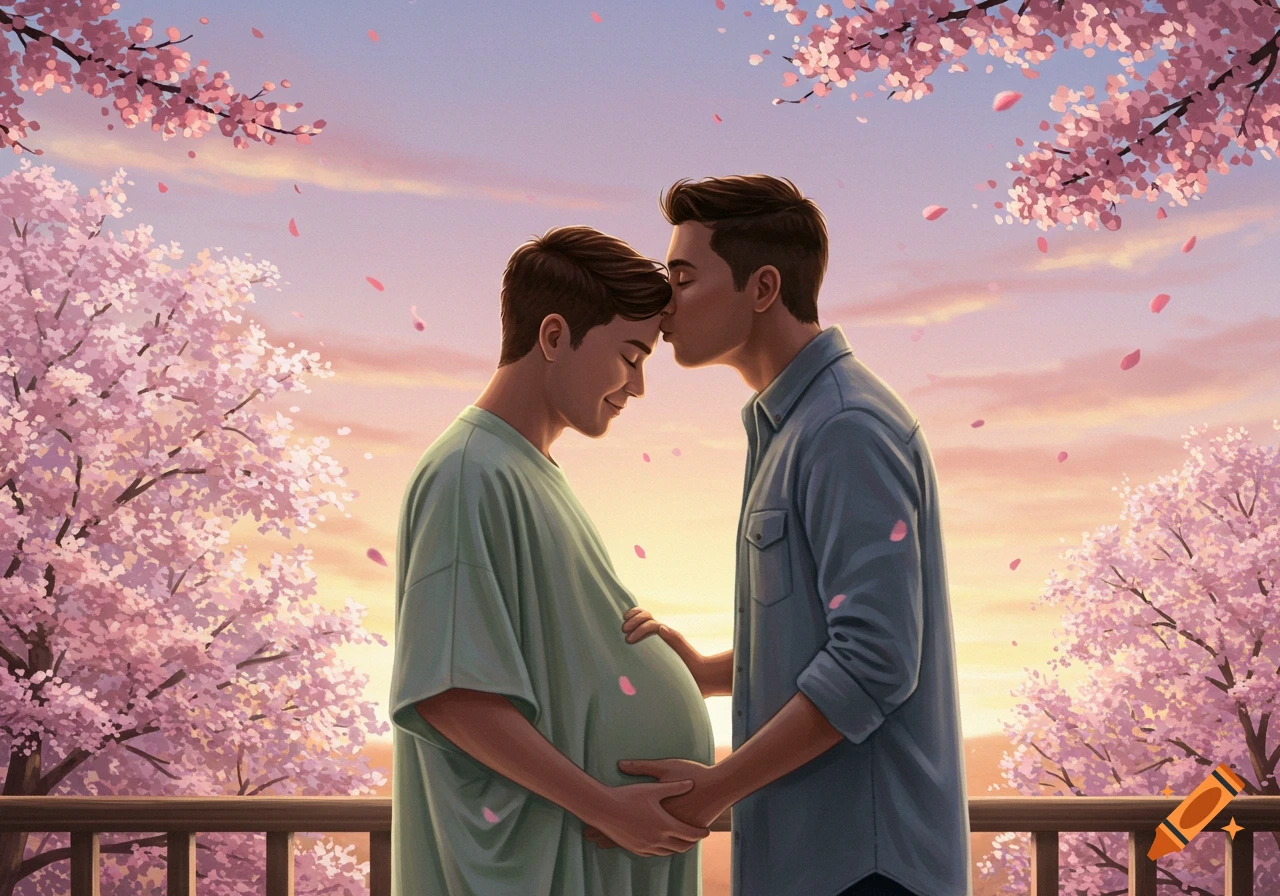 Illustrated image of one man kissing his pregnant partner's forehead under falling cherry blossoms at sunset.