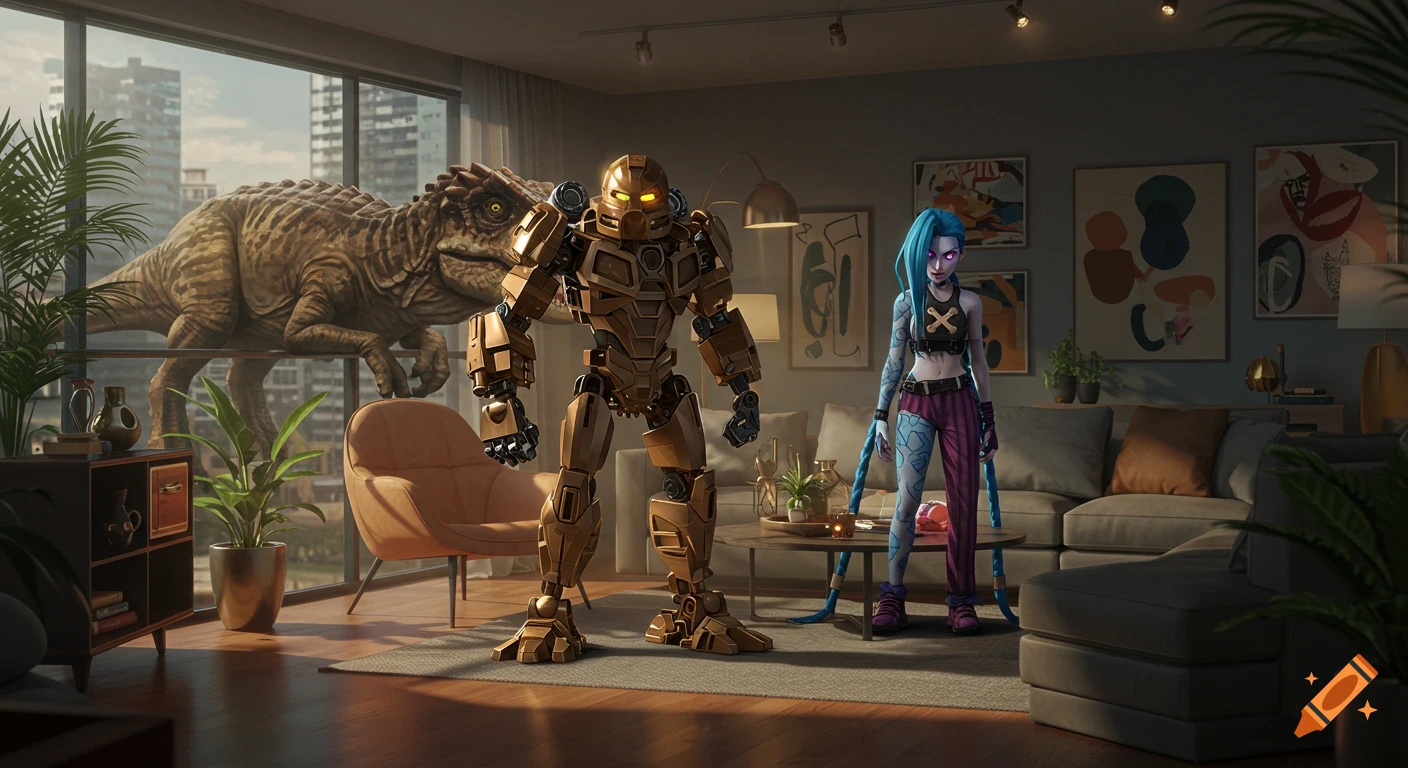 Jinx, a golden robot, and a dinosaur stand in a modern apartment living room with city views.