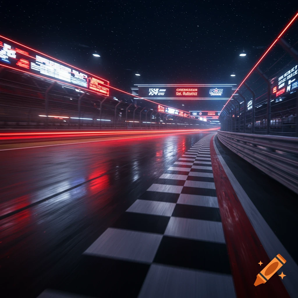 A futuristic race track at night, with red light trails streaking across the wet asphalt and checkered patterns on the side.