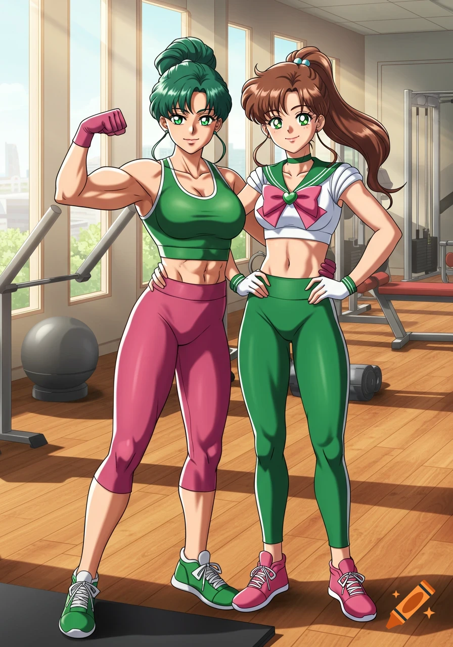 Two anime women in a gym, one with green hair flexing her bicep, the other with brown hair dressed in a Sailor Jupiter-like outfit.