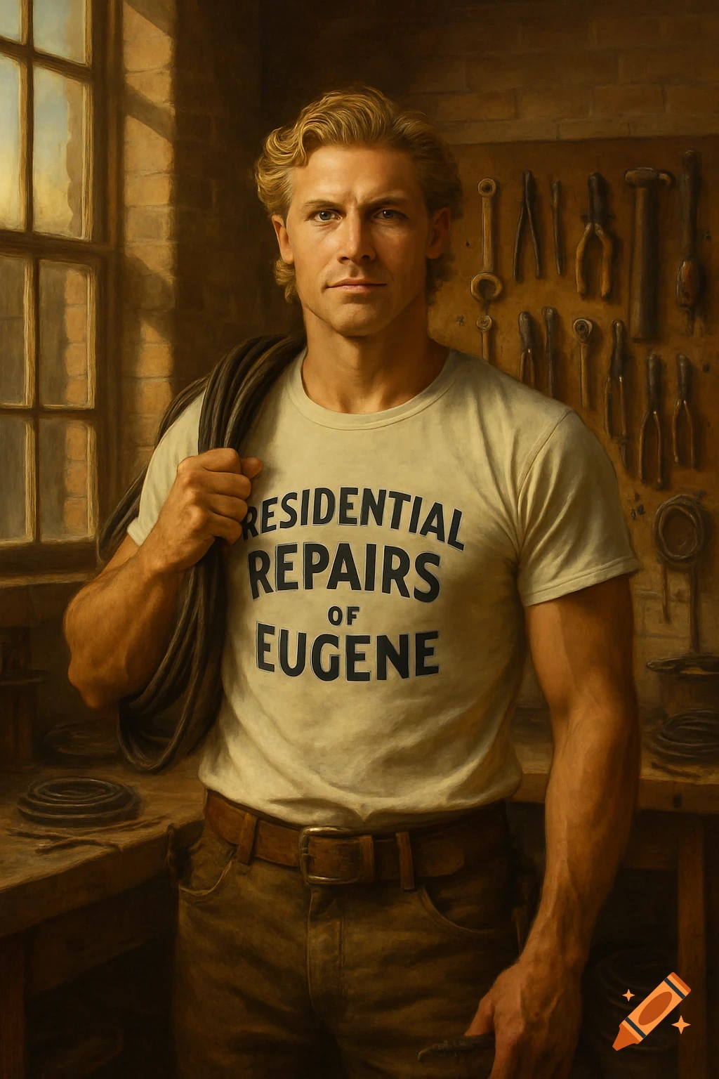 A photorealistic painting of a handsome blonde man in a t-shirt that reads 'Residential Repairs of Eugene', holding a coil of rope in a workshop.