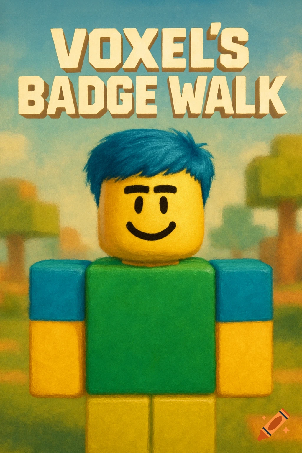 Voxel art illustration of a Roblox 'noob' character with blue hair and a smiley face, with 'VOXEL'S BADGE WALK' title above.