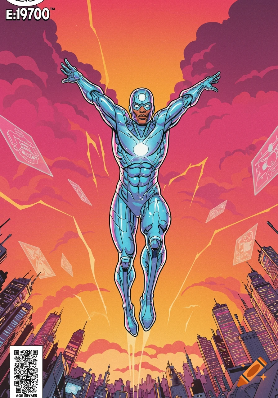 A comic book cover shows a superhero in a shiny blue suit flying over a futuristic city at sunset, with holographic panels.