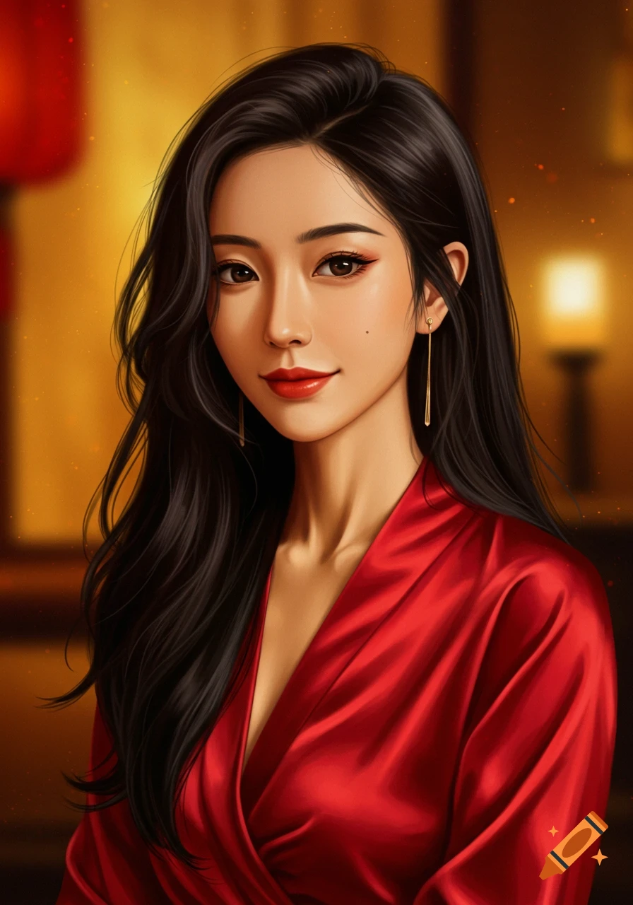 A digital art portrait of a Chinese woman with long dark hair, wearing a red silk blouse, smiling softly in warm lighting.