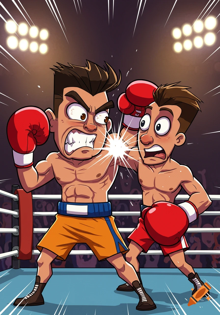 A cartoon illustration of two boxers fighting in a ring, one punching the other in the face.