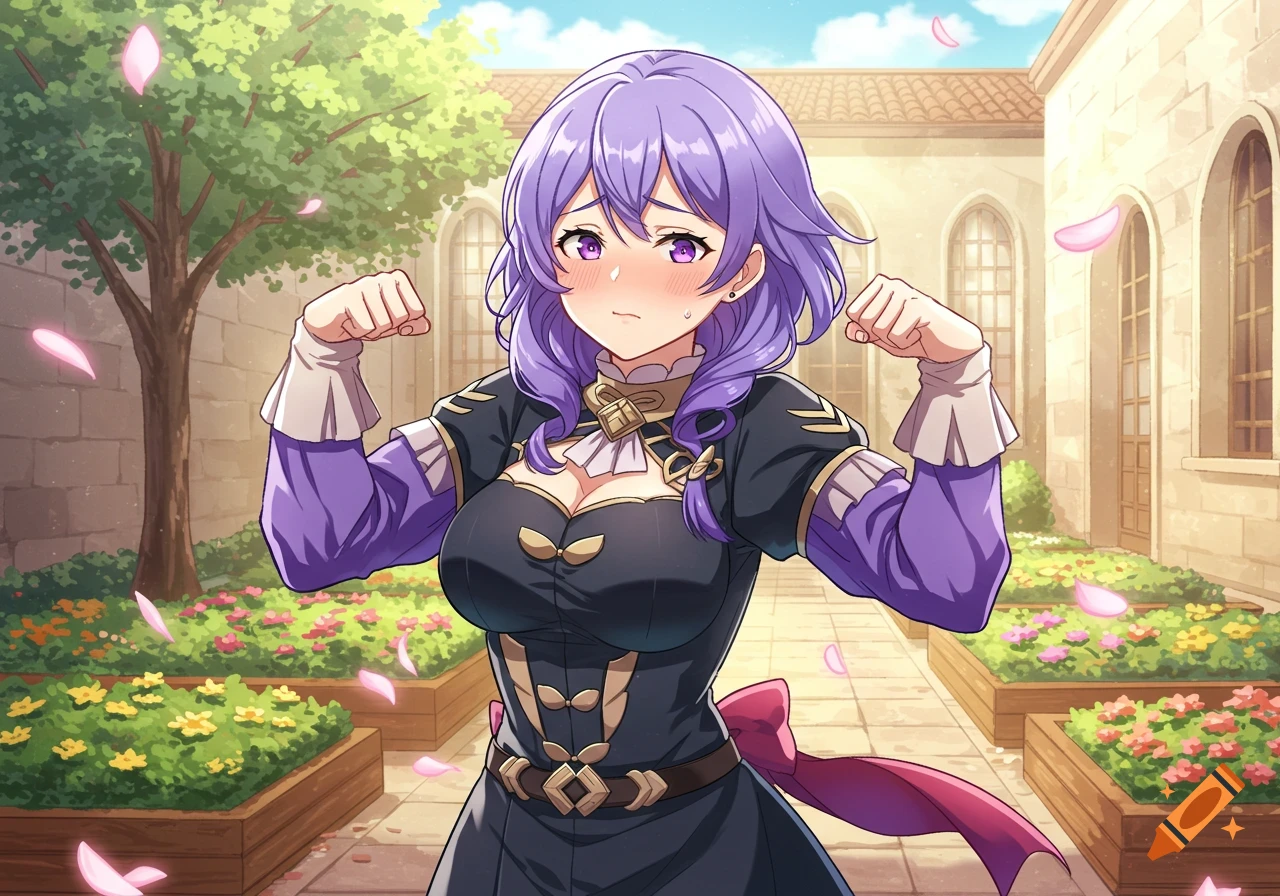 Purple-haired anime girl Bernadetta shyly flexing her muscles in an outdoor courtyard with falling pink petals, cartoon style.