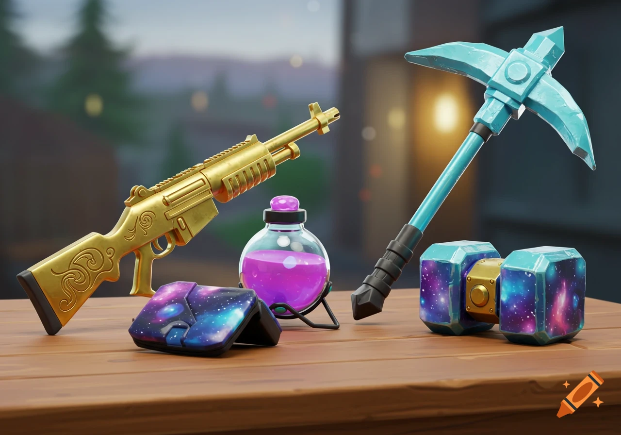 A golden shotgun, blue pickaxe, purple potion, galaxy mouse, and galaxy dumbbell on a wooden table, in a realistic game style.