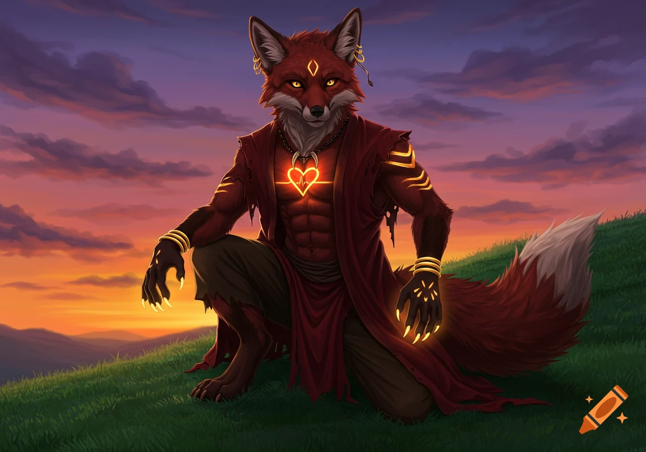 An anthropomorphic red fox with glowing golden eyes and claws, wearing a tattered crimson robe, kneels on a grassy hill at sunset with a glowing heart symbol on his chest.