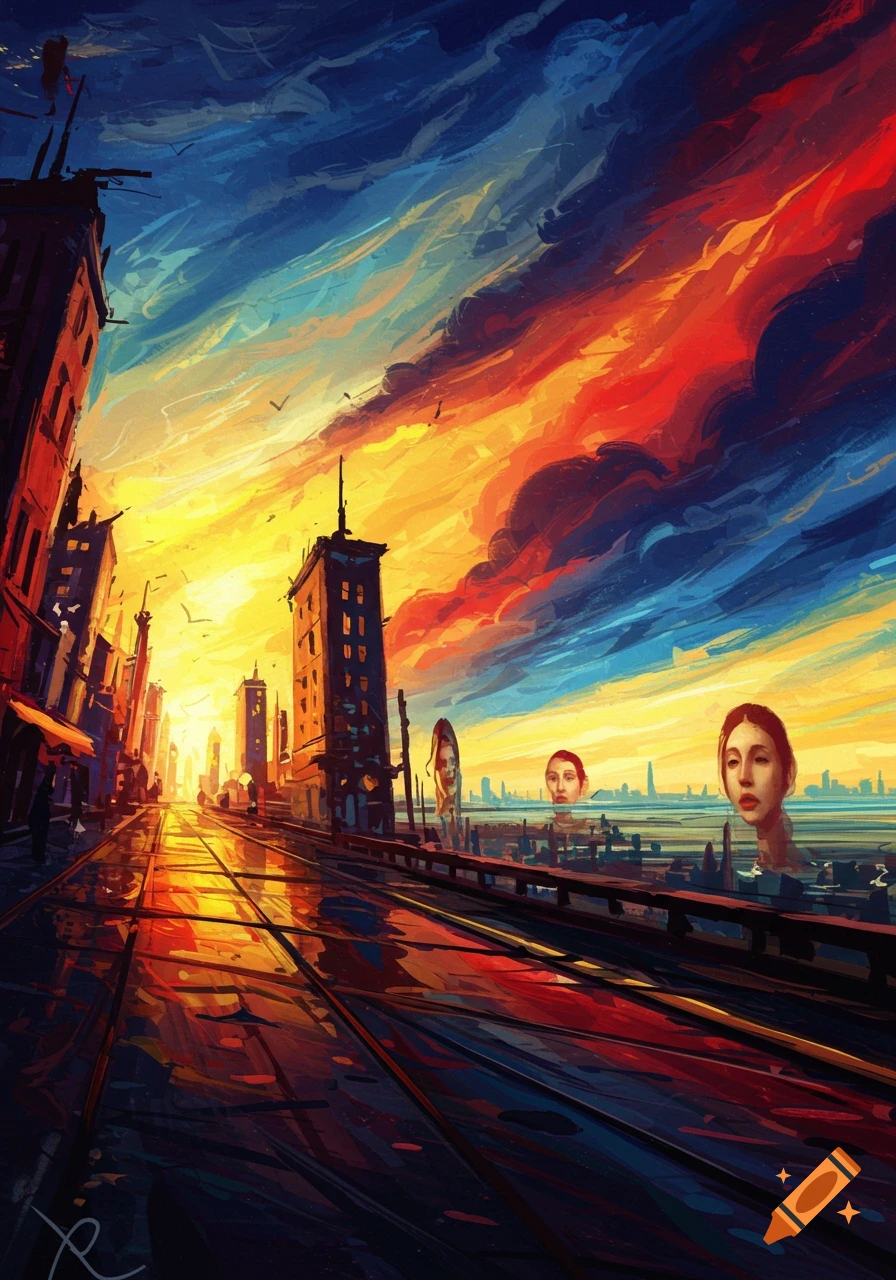 Expressionistic painting of a colorful city at sunset with floating female heads and a reflective street.