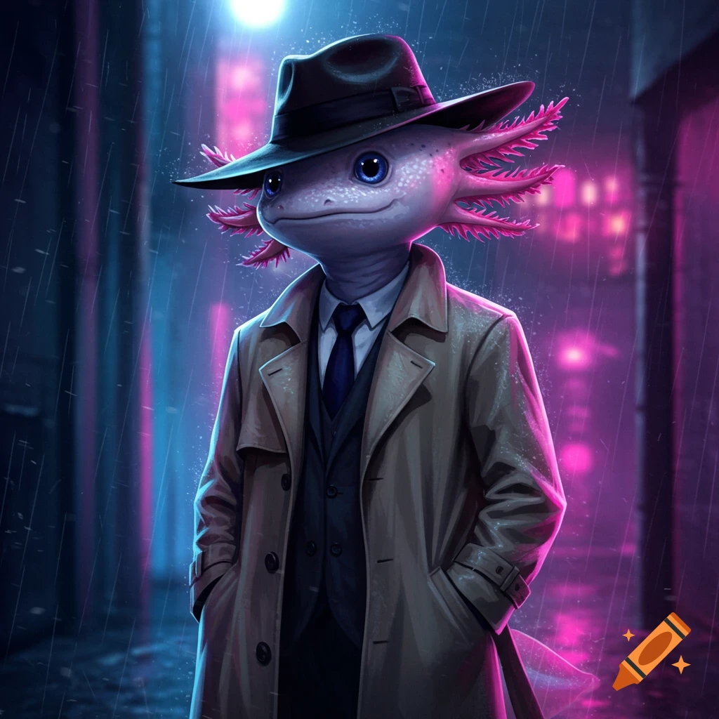 An anthropomorphic axolotl wearing a trench coat and fedora stands in a rainy, neon-lit city street.