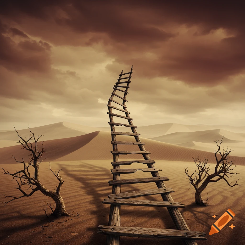 A broken, warped wooden ladder extends into a cloudy, brown sky above a desolate desert with sand dunes and bare trees.