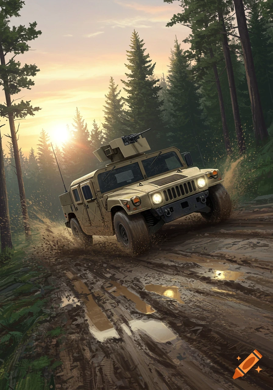 A tan military Humvee speeds down a muddy dirt road in a pine forest at sunrise, splashing mud. Illustrative style.