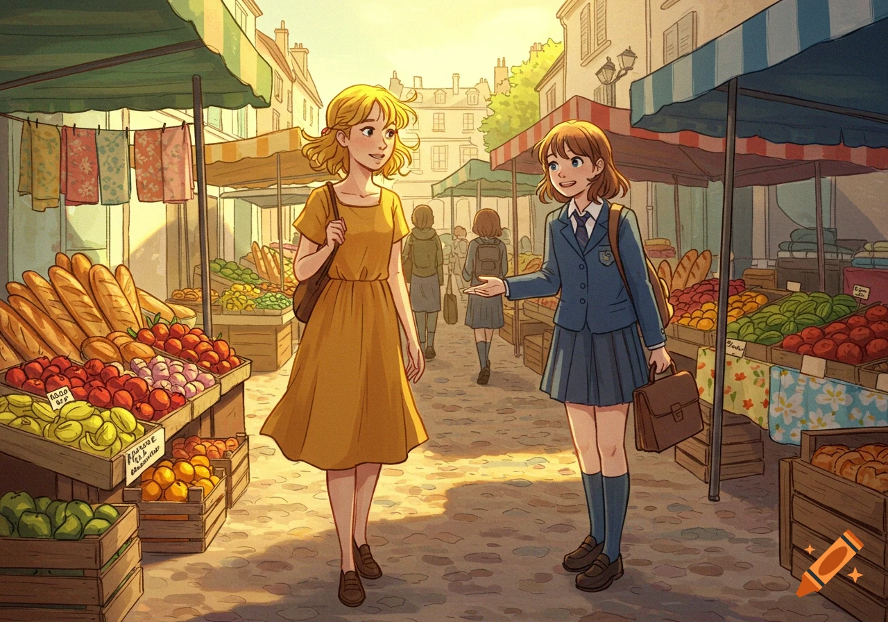 A traditional-style illustration of two girls chatting at a bustling French marketplace, surrounded by stalls of bread and fresh produce.