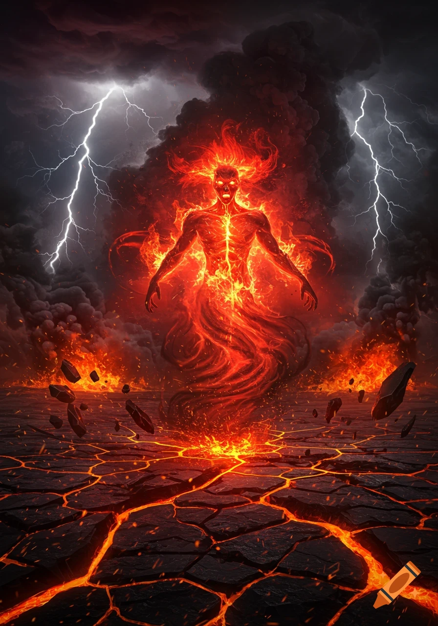 A towering, glowing red fire demon emerges from cracked, lava-filled ground under a stormy sky with lightning.