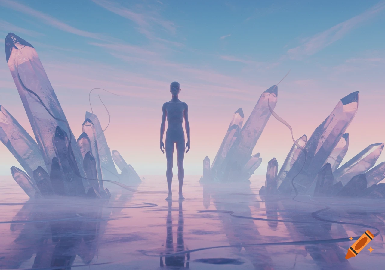 A pale, gaunt human-like figure stands on a misty, reflective surface surrounded by large glowing crystals under a pastel pink and blue sky.
