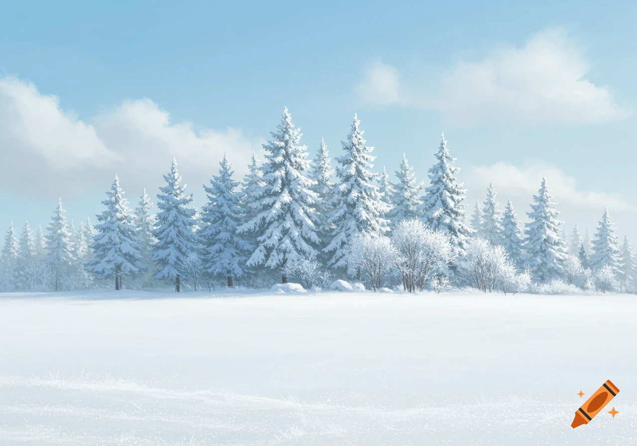 A serene winter landscape with snow-covered evergreen trees and bushes, a vast snowfield, and a light blue sky with soft clouds.