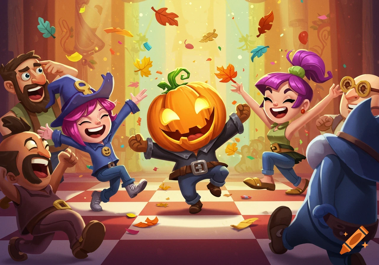 Cartoon characters, including a pumpkin-headed figure, joyfully dance amidst falling autumn leaves and confetti on a checkered floor.