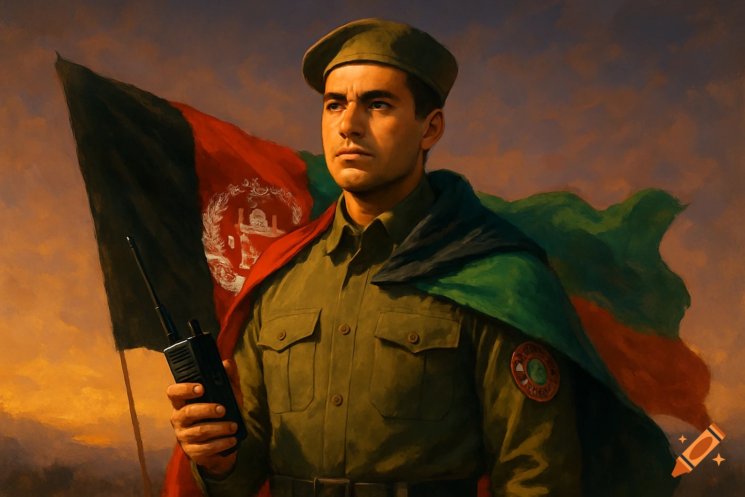 A man in a green military uniform and beret, holding a walkie-talkie, stands in front of a waving Afghan flag at sunset in a painting style.