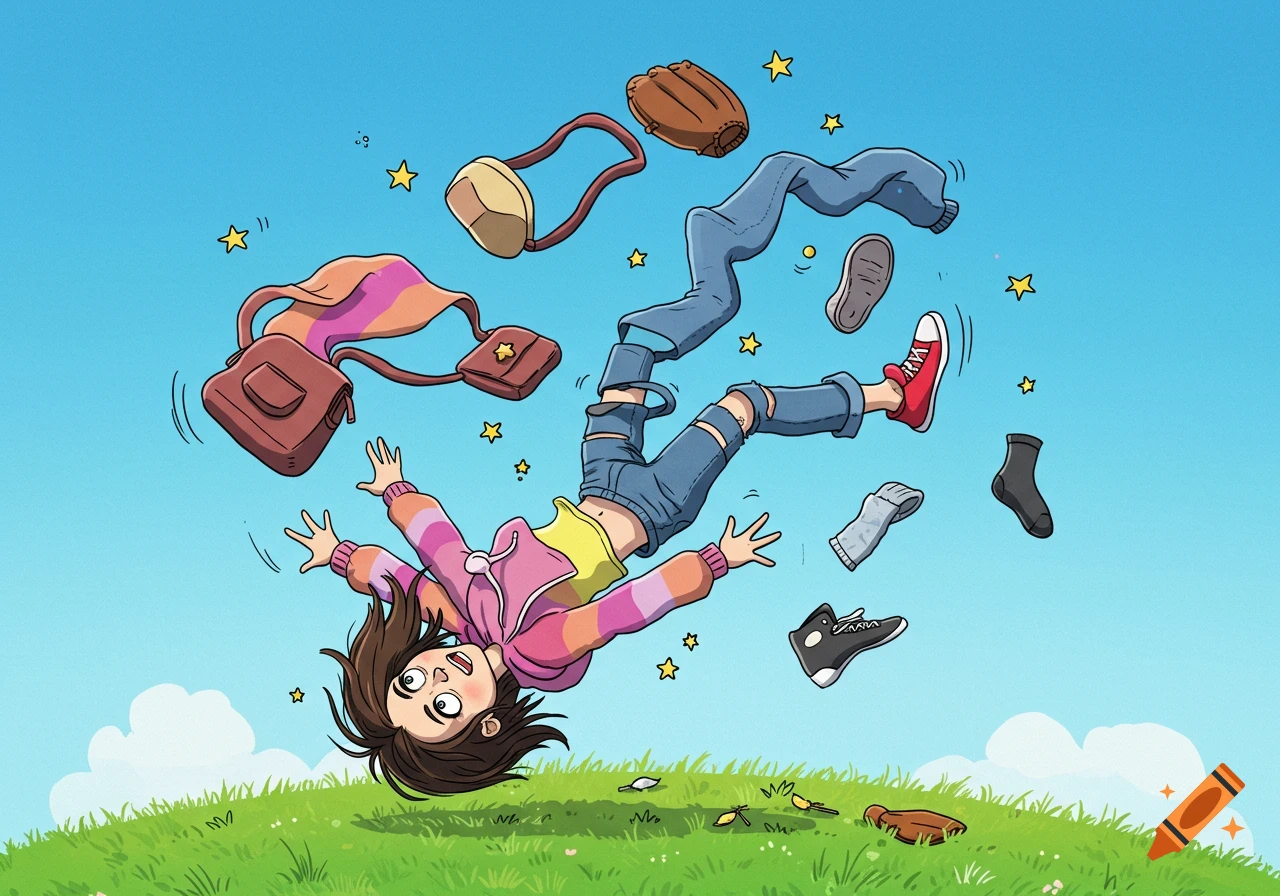 A cartoon girl falling mid-air with a bewildered expression, her clothes and belongings comically scattered around her against a blue sky.