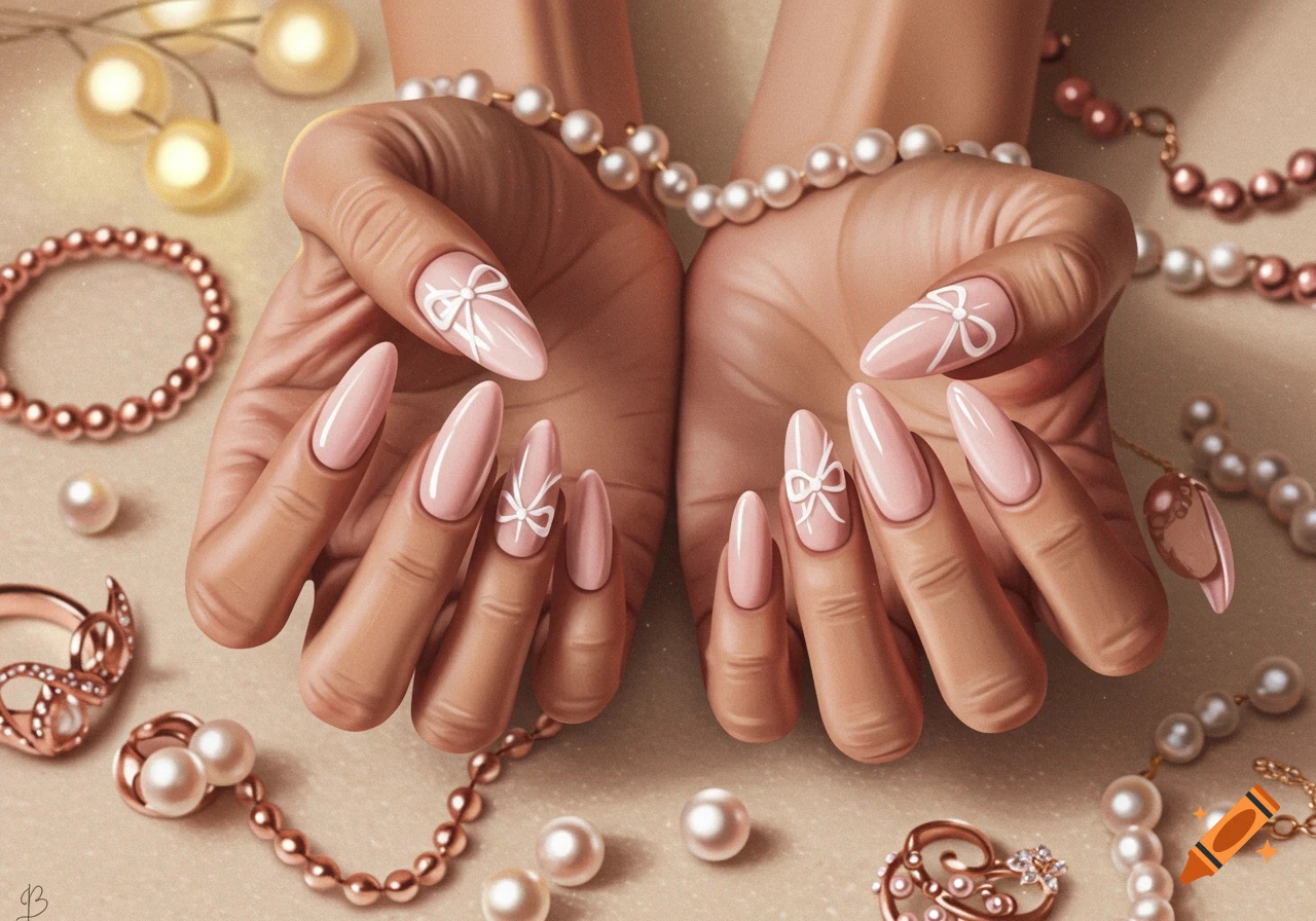 Two hands with blush almond nails featuring white bow designs, surrounded by pearl and rose gold jewelry, on a light background.