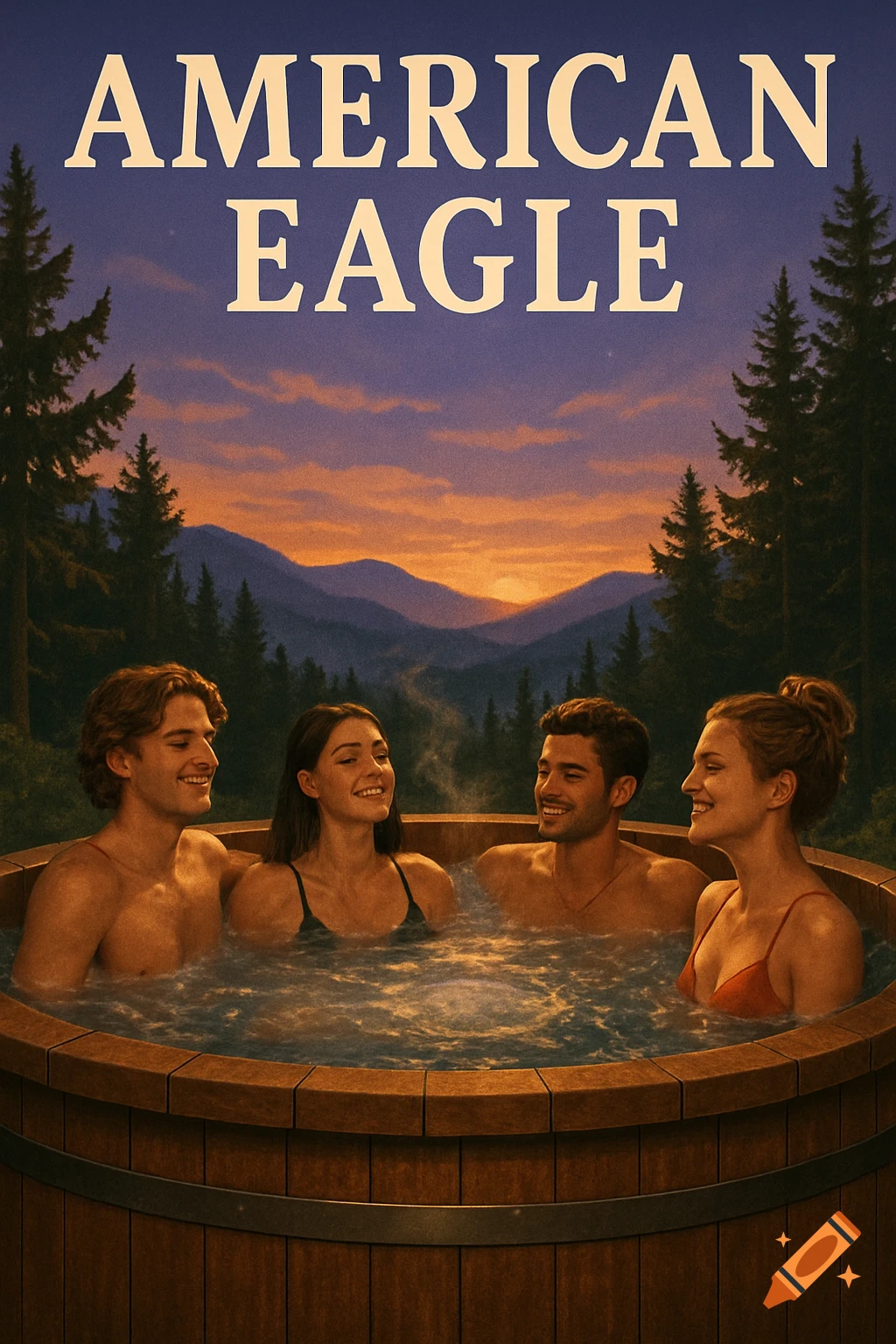 Four young adults smiling in a hot tub in an outdoor, mountainous setting at sunset, with "AMERICAN EAGLE" text at the top.