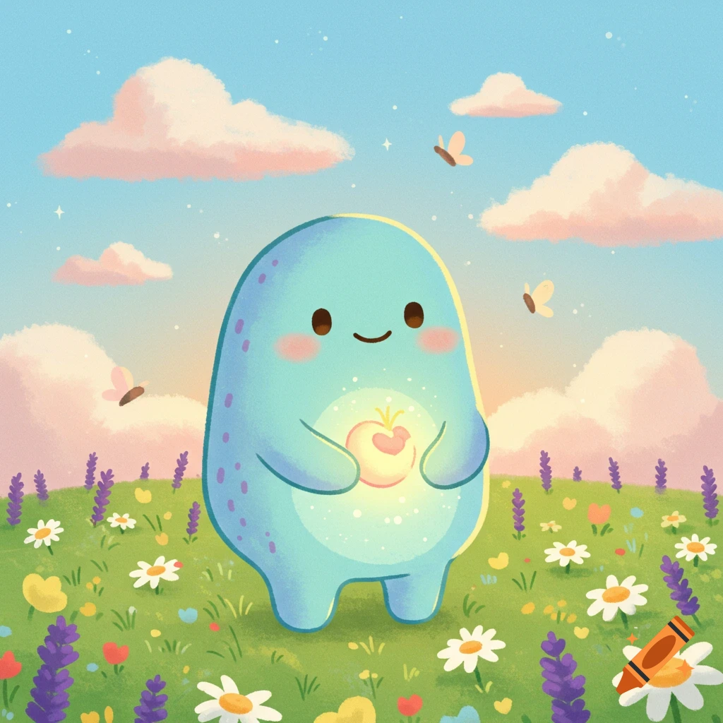 A cute light blue blob creature with pink cheeks smiles, holding a glowing heart in a vibrant field of flowers under a pastel sky with butterflies.