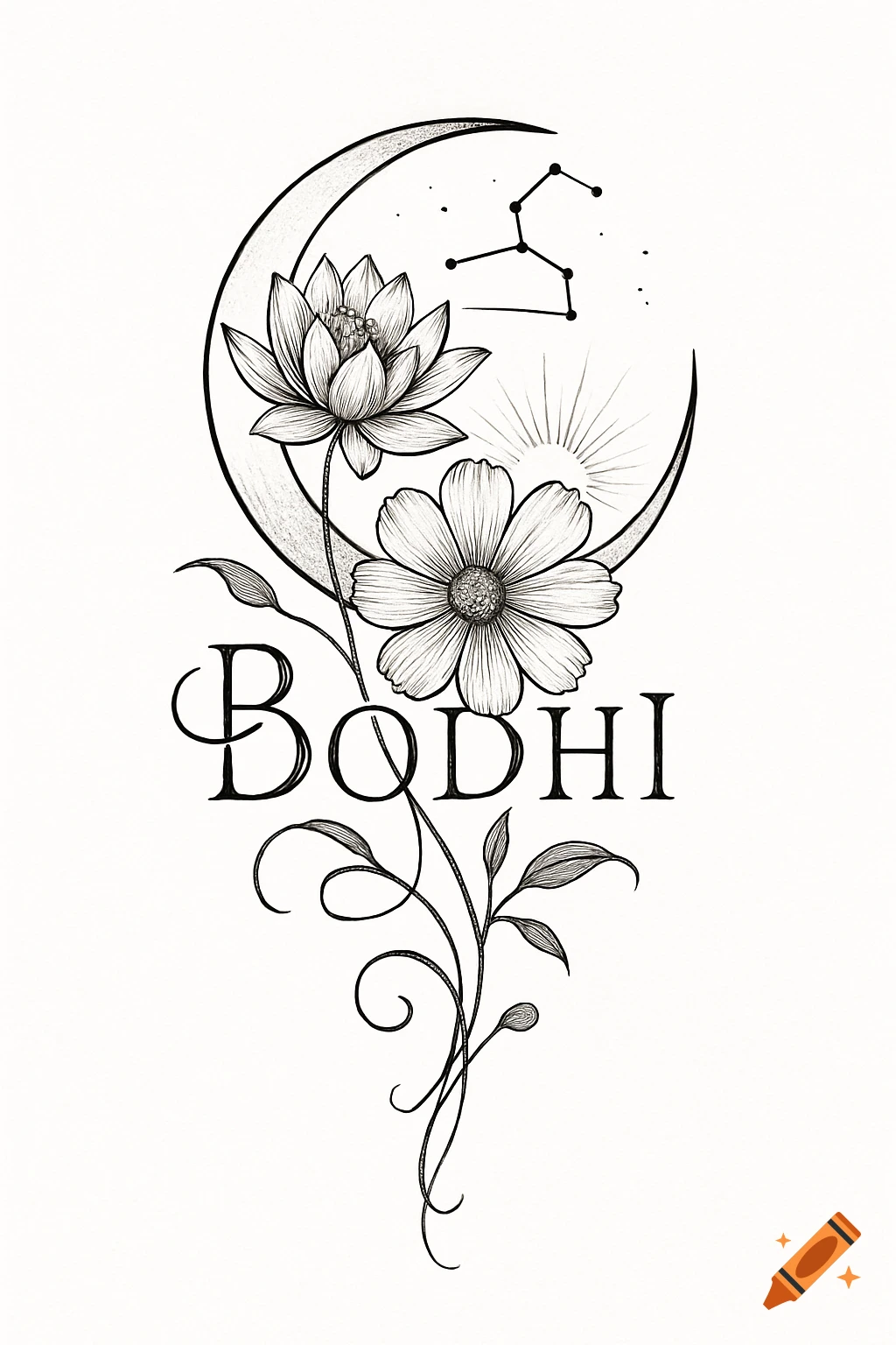 Black and white line art of a crescent moon, lotus, and cosmos flowers with swirling vines forming 'BODHI' and a Leo constellation.
