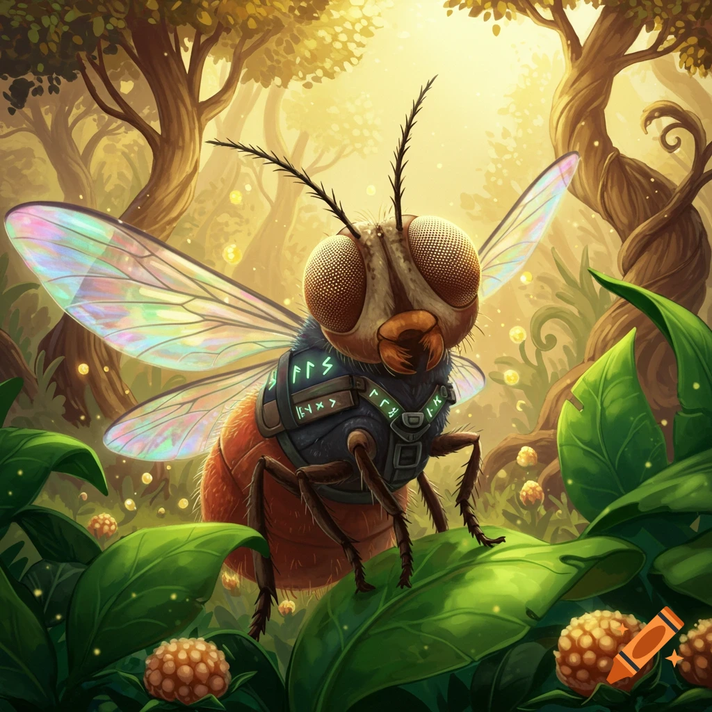 A whimsical large blowfly wearing a service animal vest, standing on a leaf in a glowing fantasy forest.