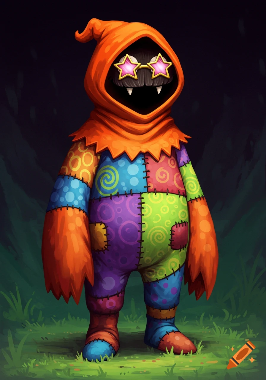 A colorful patchwork monster in an orange hooded robe, wearing pink star-shaped glasses and showing fangs.