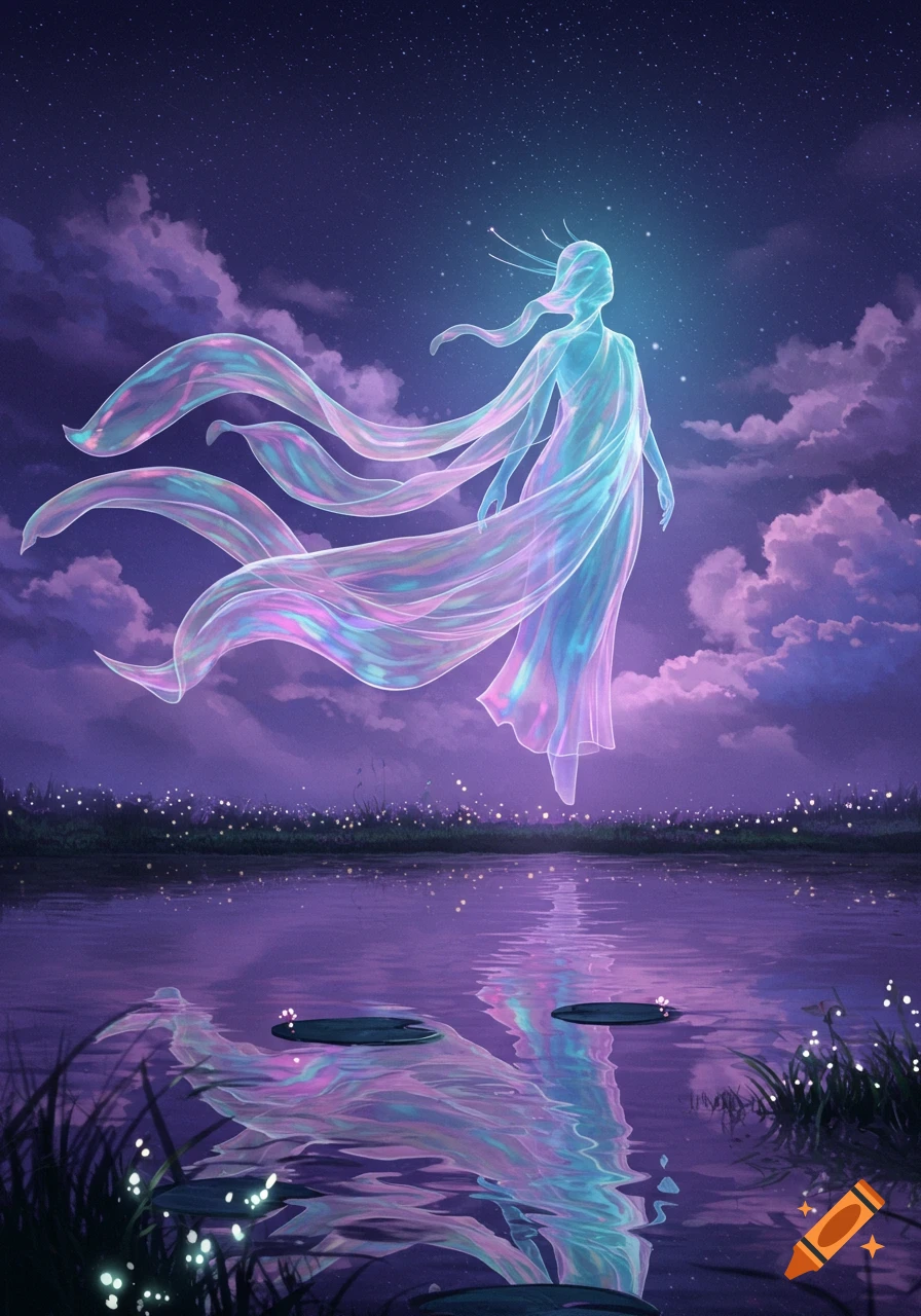 Glowing ethereal figure with flowing iridescent fabric hovers above a reflective lake under a starry night sky with purple clouds.