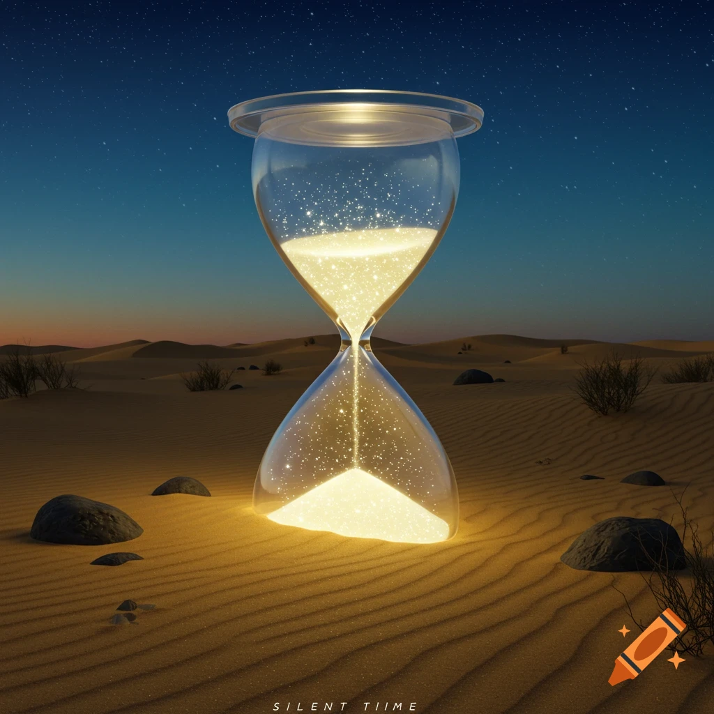 A glowing hourglass filled with golden sand stands in a vast desert under a starry twilight sky.